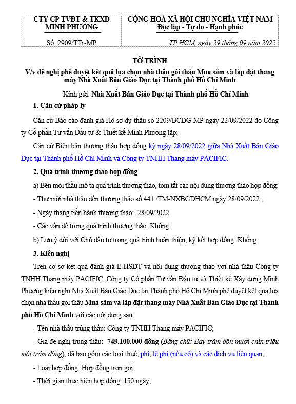 Mẫu tờ trình phê duyệt kết quả lựa chọn nhà thầu gói thầu mua sắm hàng hóa